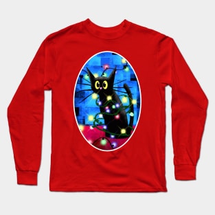 Cat and Christmas Tree Lights Long Sleeve T-Shirt
